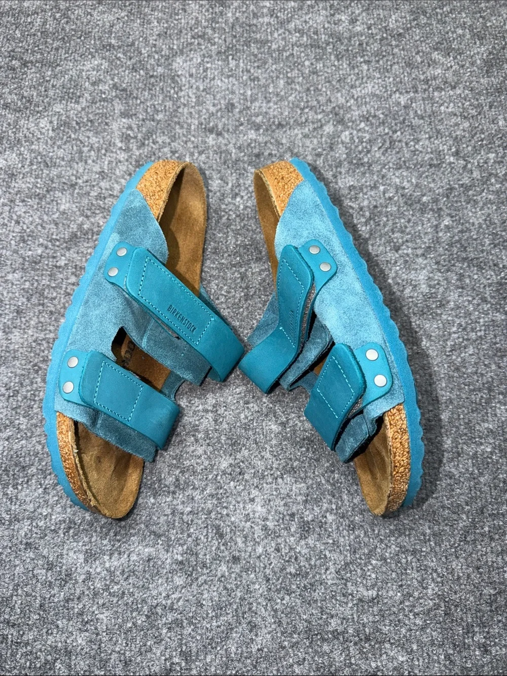 Birkenstock  Double-Strap Nubuck-Suede Deep Turquoise Leather Slide Sandals